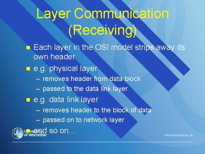 Layer Communication (Receiving) n n Each layer in the OSI model strips away its Layer Communication (Receiving) n n Each layer in the OSI model strips away its