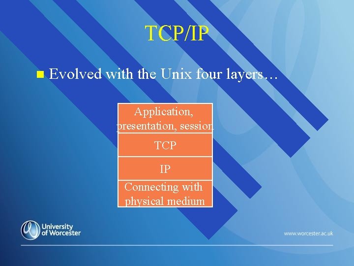 TCP/IP n Evolved with the Unix four layers… Application, presentation, session TCP IP Connecting