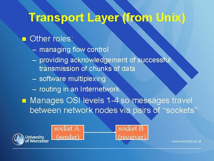Transport Layer (from Unix) n Other roles: – managing flow control – providing acknowledgement Transport Layer (from Unix) n Other roles: – managing flow control – providing acknowledgement