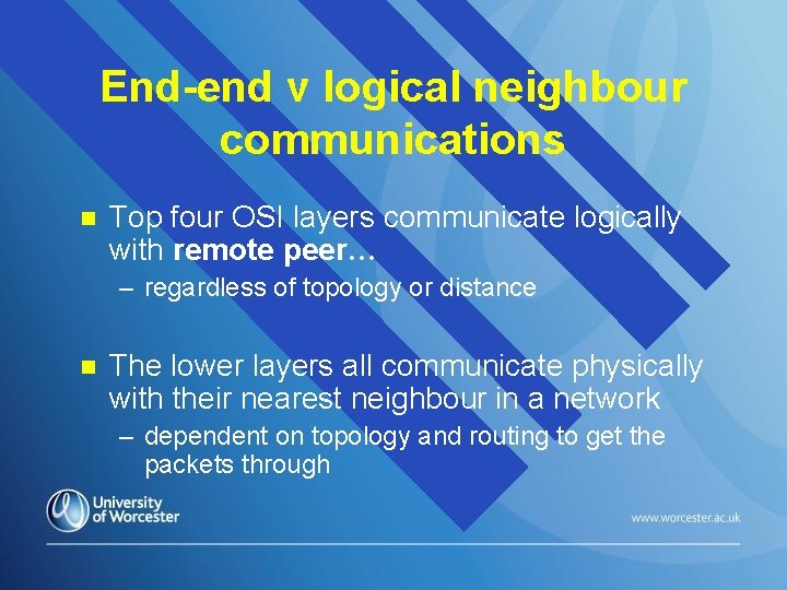 End-end v logical neighbour communications n Top four OSI layers communicate logically with remote End-end v logical neighbour communications n Top four OSI layers communicate logically with remote