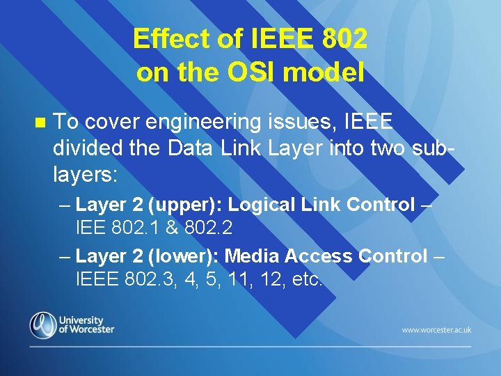 Effect of IEEE 802 on the OSI model n To cover engineering issues, IEEE Effect of IEEE 802 on the OSI model n To cover engineering issues, IEEE