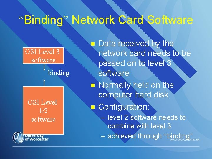 “Binding” Network Card Software n OSI Level 3 software binding n OSI Level 1/2