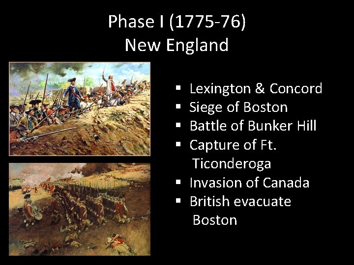 Phase I (1775 -76) New England Lexington & Concord Siege of Boston Battle of