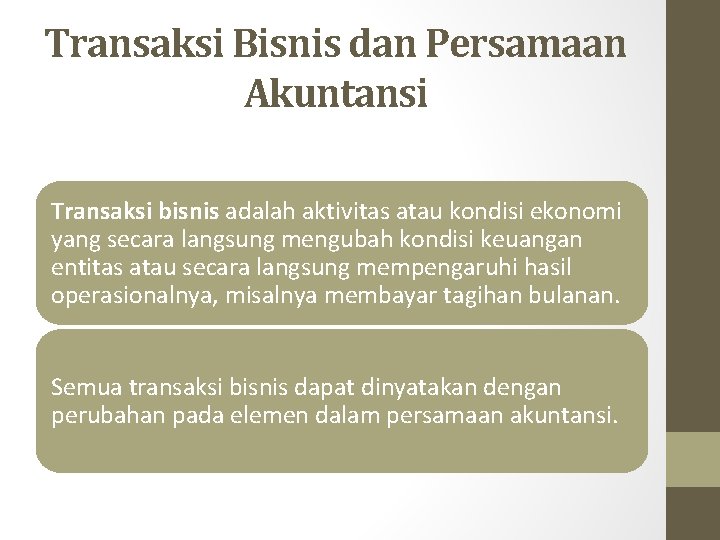 Transaksi Bisnis dan Persamaan Akuntansi Transaksi bisnis adalah aktivitas atau kondisi ekonomi yang secara