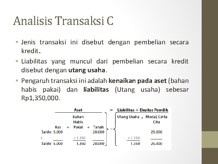 Analisis Transaksi C • Jenis transaksi ini disebut dengan pembelian secara kredit. • Liabilitas