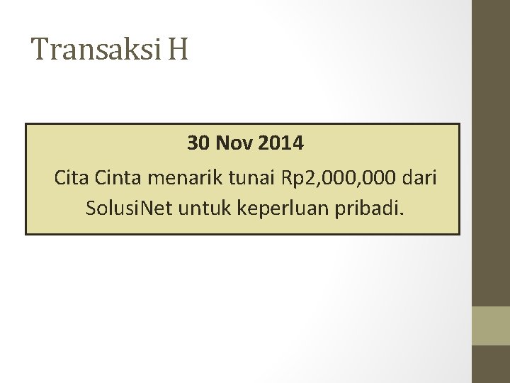 Transaksi H 30 Nov 2014 Cita Cinta menarik tunai Rp 2, 000 dari Solusi.