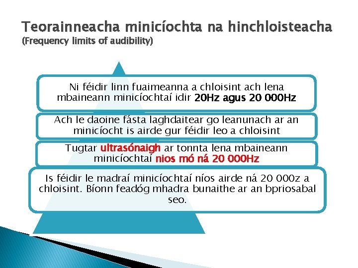 Teorainneacha minicíochta na hinchloisteacha (Frequency limits of audibility) Ni féidir linn fuaimeanna a chloisint