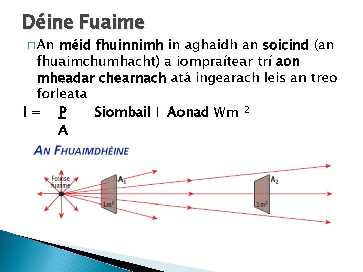 Déine Fuaime � An méid fhuinnimh in aghaidh an soicind (an fhuaimchumhacht) a iompraítear