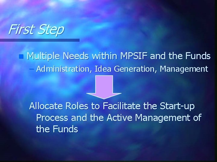 First Step n Multiple Needs within MPSIF and the Funds – Administration, Idea Generation,