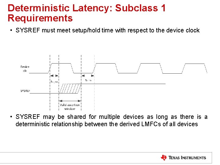 Deterministic Latency: Subclass 1 Requirements • SYSREF must meet setup/hold time with respect to