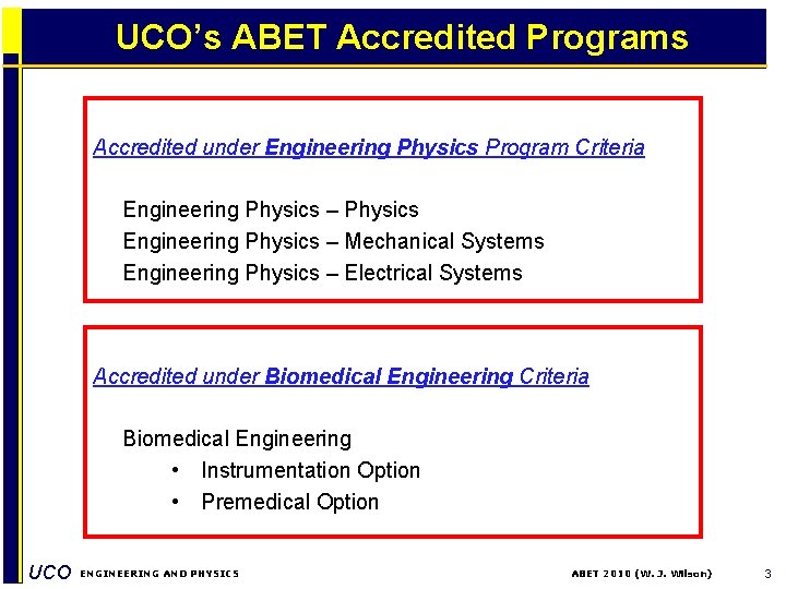 UCO’s ABET Accredited Programs Accredited under Engineering Physics Program Criteria Engineering Physics – Physics