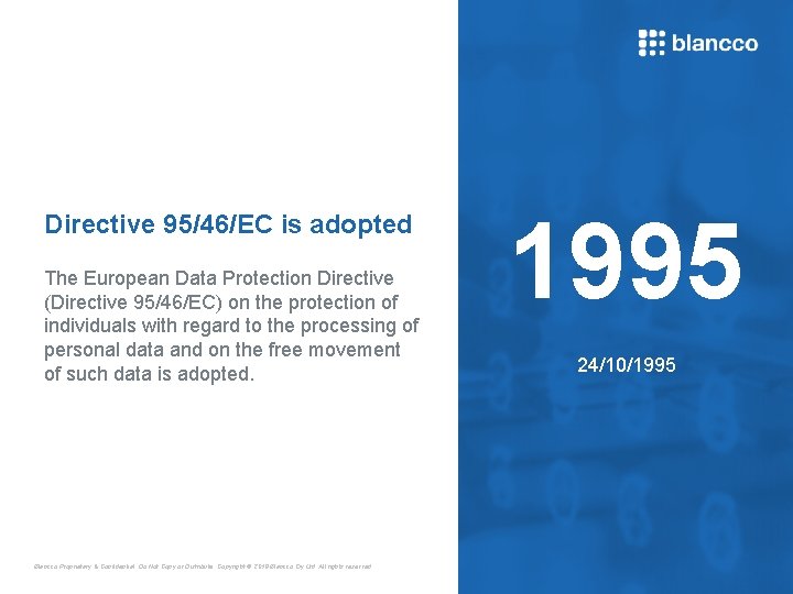 Directive 95/46/EC is adopted The European Data Protection Directive (Directive 95/46/EC) on the protection