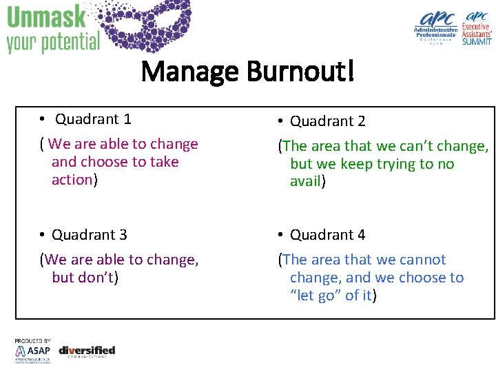 Manage Burnout! • Quadrant 1 ( We are able to change and choose to