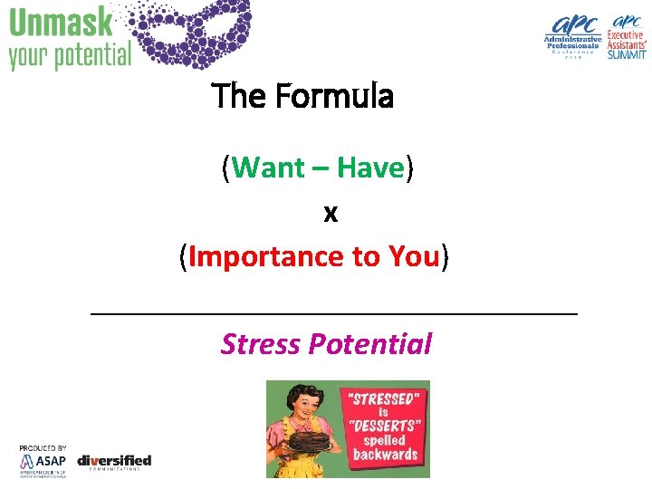 The Formula (Want – Have) x (Importance to You) _______________ Stress Potential 