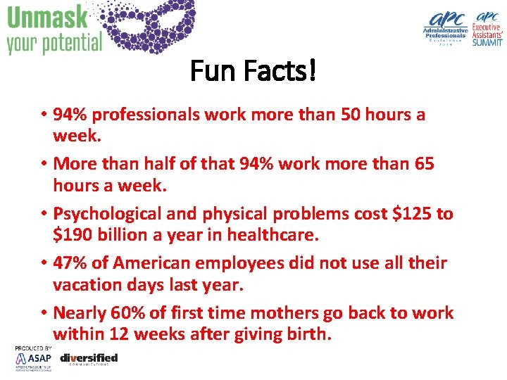 Fun Facts! • 94% professionals work more than 50 hours a week. • More