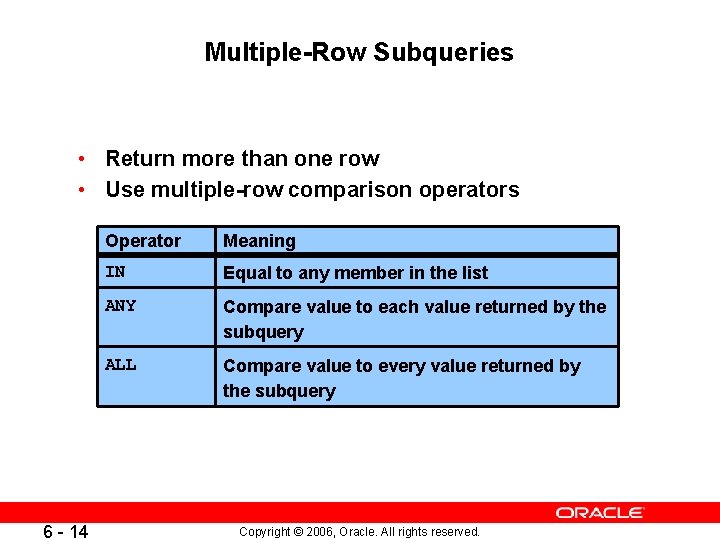 Multiple-Row Subqueries • Return more than one row • Use multiple-row comparison operators 6