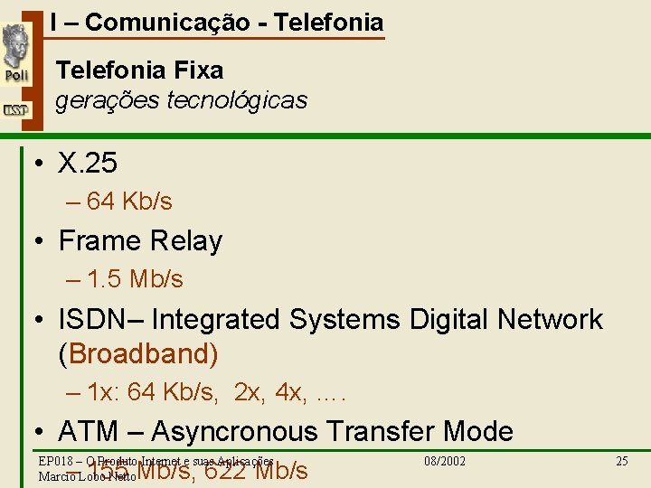 I – Comunicação - Telefonia Fixa gerações tecnológicas • X. 25 – 64 Kb/s
