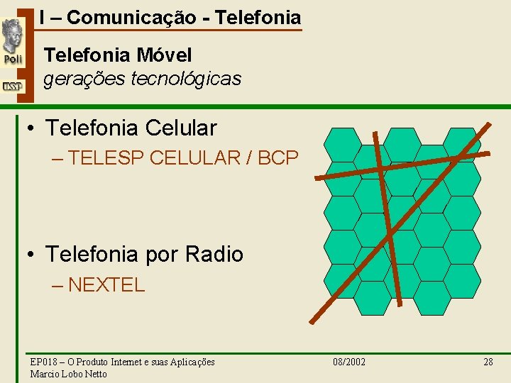 I – Comunicação - Telefonia Móvel gerações tecnológicas • Telefonia Celular – TELESP CELULAR