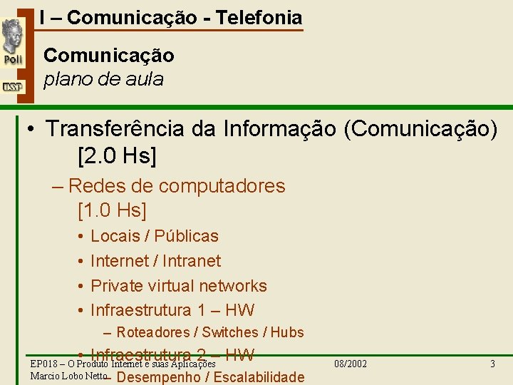 I – Comunicação - Telefonia Comunicação plano de aula • Transferência da Informação (Comunicação)