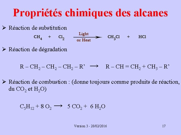 Propriétés chimiques des alcanes Ø Réaction de substitution Ø Réaction de dégradation R –