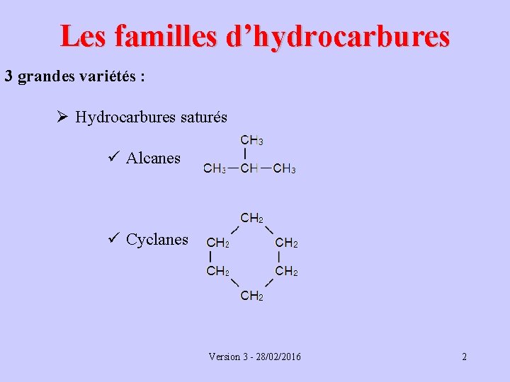 Les familles d’hydrocarbures 3 grandes variétés : Ø Hydrocarbures saturés ü Alcanes ü Cyclanes