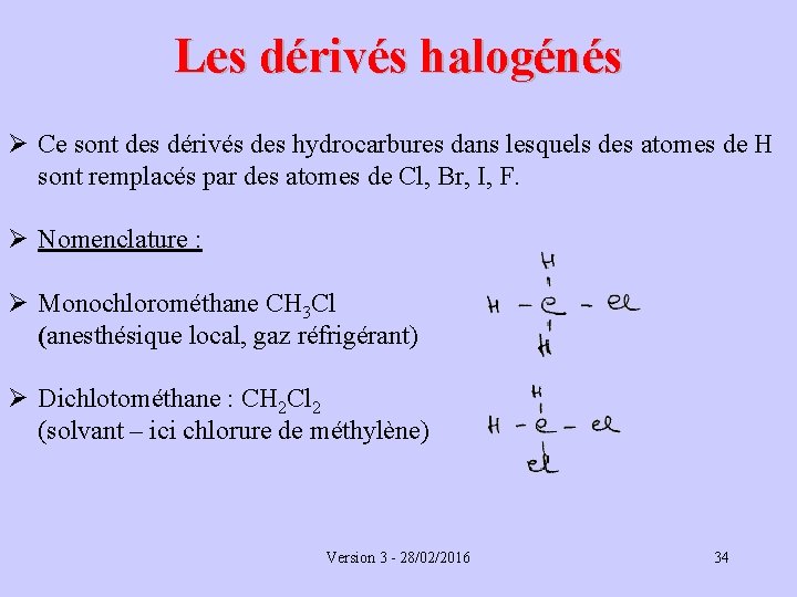 Les dérivés halogénés Ø Ce sont des dérivés des hydrocarbures dans lesquels des atomes