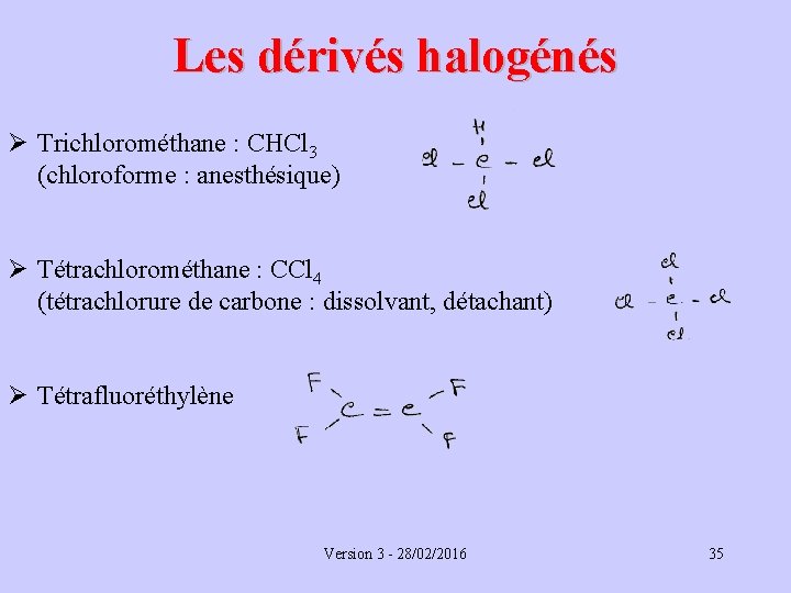 Les dérivés halogénés Ø Trichlorométhane : CHCl 3 (chloroforme : anesthésique) Ø Tétrachlorométhane :