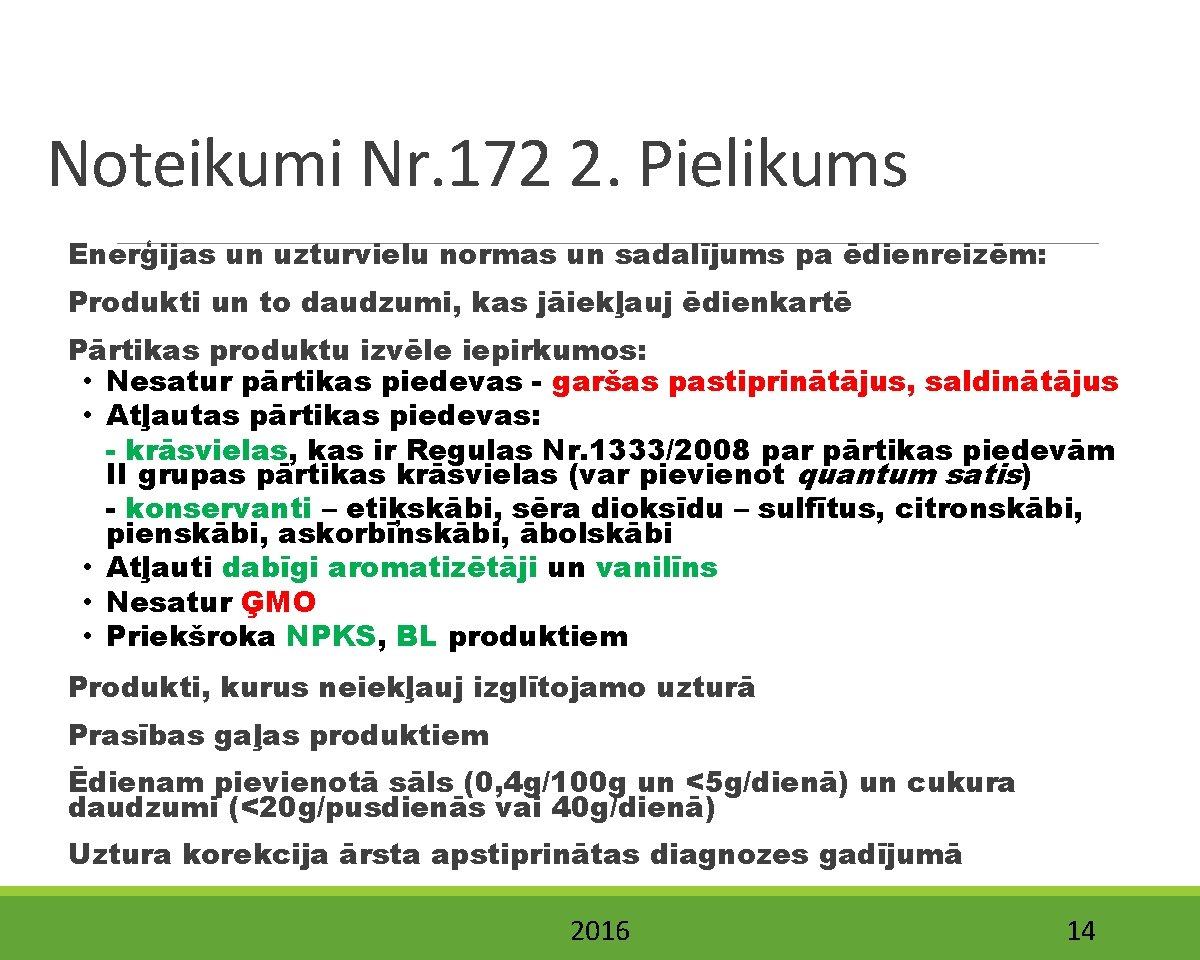 Noteikumi Nr. 172 2. Pielikums Enerģijas un uzturvielu normas un sadalījums pa ēdienreizēm: Produkti