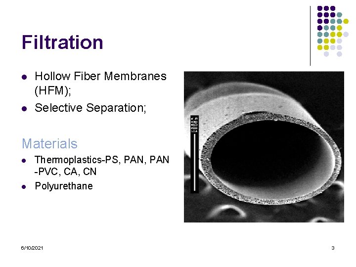 Filtration l l Hollow Fiber Membranes (HFM); Selective Separation; Materials l l Thermoplastics-PS, PAN