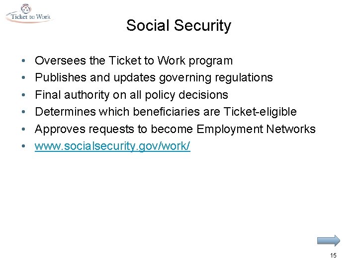 Social Security • • • Oversees the Ticket to Work program Publishes and updates