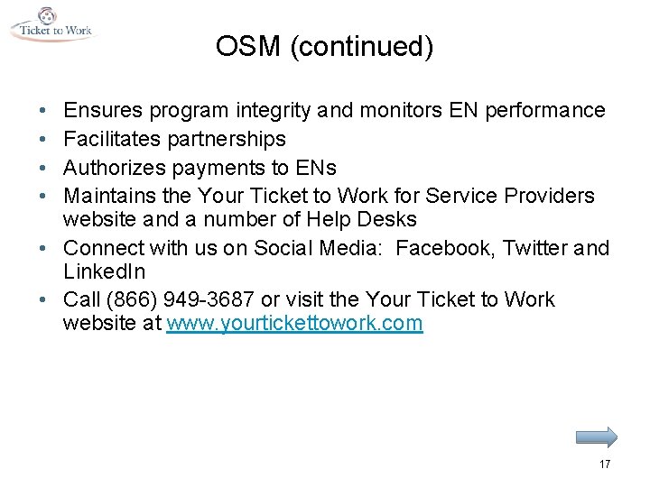 OSM (continued) • • Ensures program integrity and monitors EN performance Facilitates partnerships Authorizes