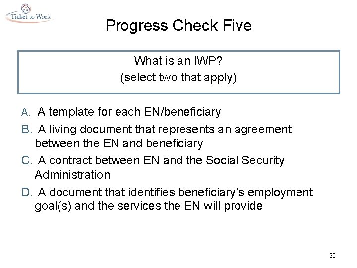 Progress Check Five What is an IWP? (select two that apply) A. A template