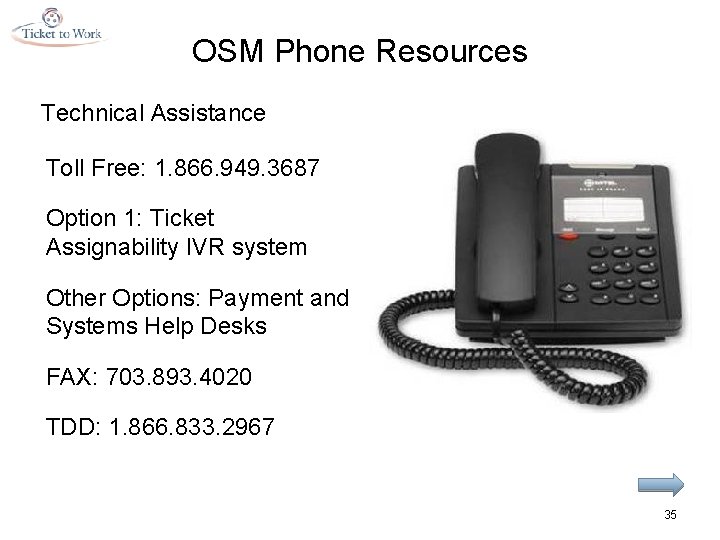 OSM Phone Resources Technical Assistance Toll Free: 1. 866. 949. 3687 Option 1: Ticket