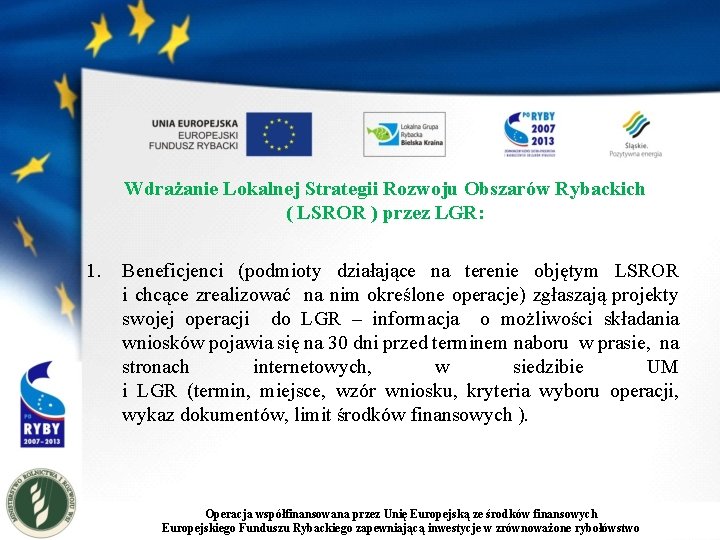 Wdrażanie Lokalnej Strategii Rozwoju Obszarów Rybackich ( LSROR ) przez LGR: 1. Beneficjenci (podmioty