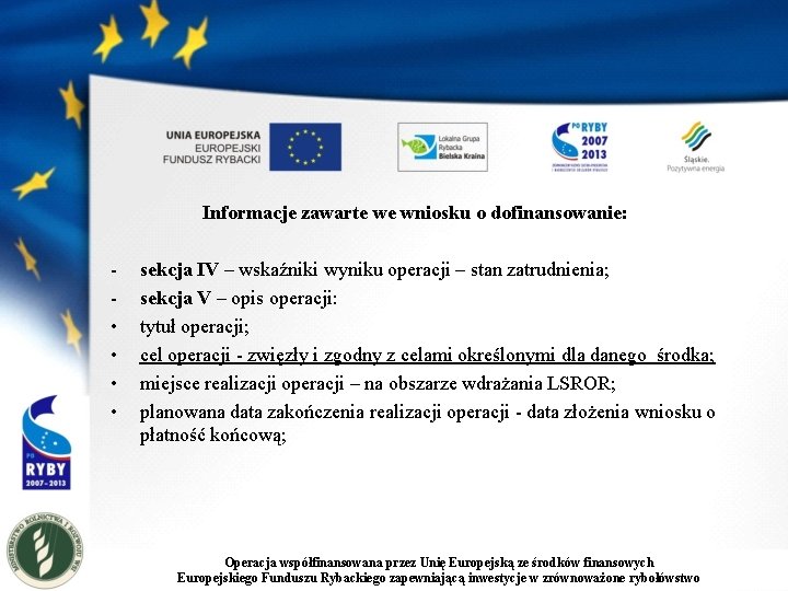 Informacje zawarte we wniosku o dofinansowanie: • • sekcja IV – wskaźniki wyniku operacji