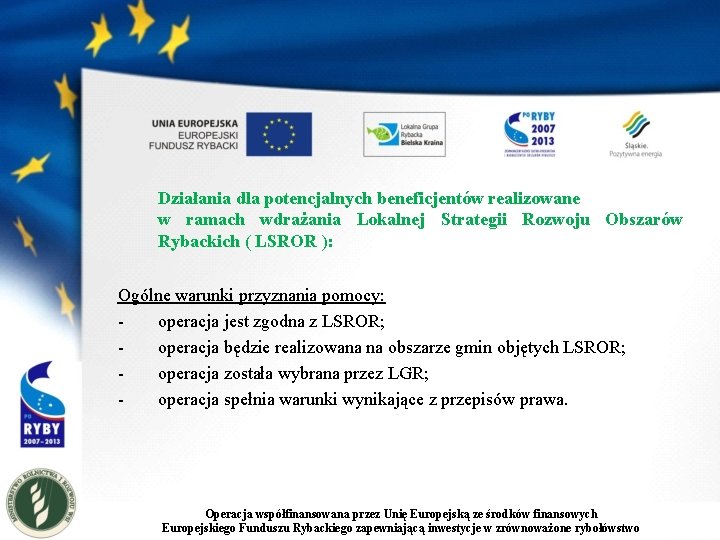 Działania dla potencjalnych beneficjentów realizowane w ramach wdrażania Lokalnej Strategii Rozwoju Obszarów Rybackich (