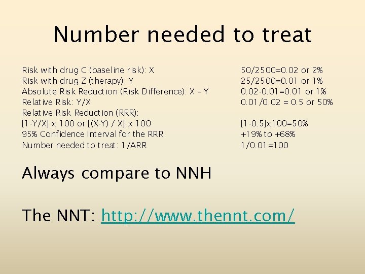 Number needed to treat Risk with drug C (baseline risk): X Risk with drug