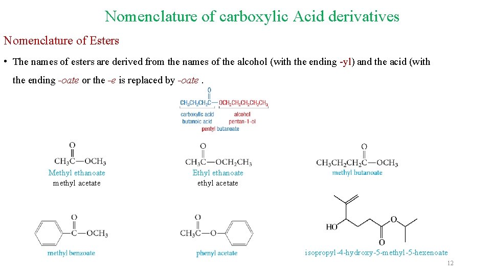 Nomenclature of carboxylic Acid derivatives Nomenclature of Esters • The names of esters are