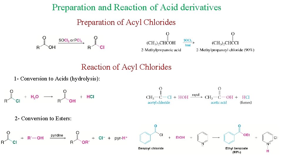 Preparation and Reaction of Acid derivatives Preparation of Acyl Chlorides Reaction of Acyl Chlorides