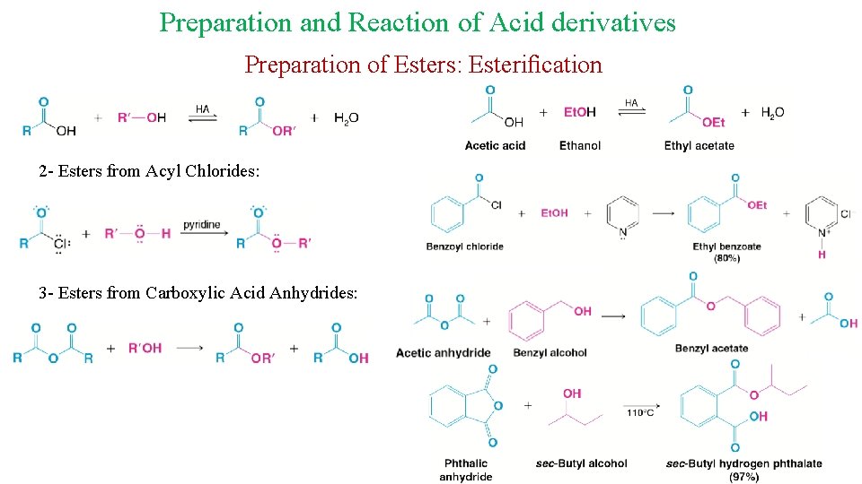 Preparation and Reaction of Acid derivatives Preparation of Esters: Esteriﬁcation 2 - Esters from