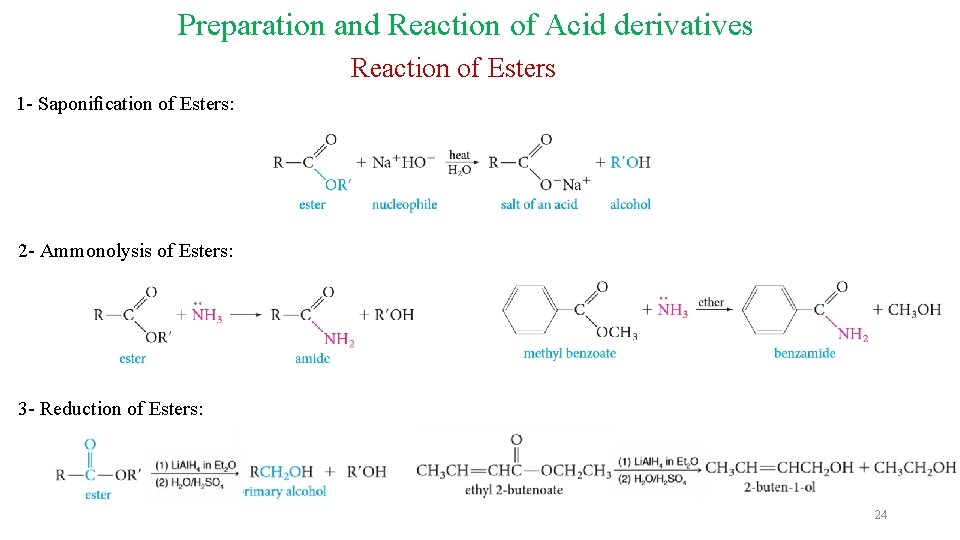 Preparation and Reaction of Acid derivatives Reaction of Esters 1 - Saponiﬁcation of Esters: