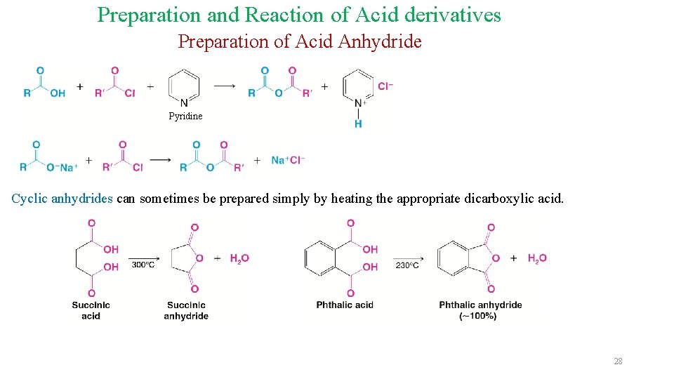 Preparation and Reaction of Acid derivatives Preparation of Acid Anhydride Pyridine Cyclic anhydrides can