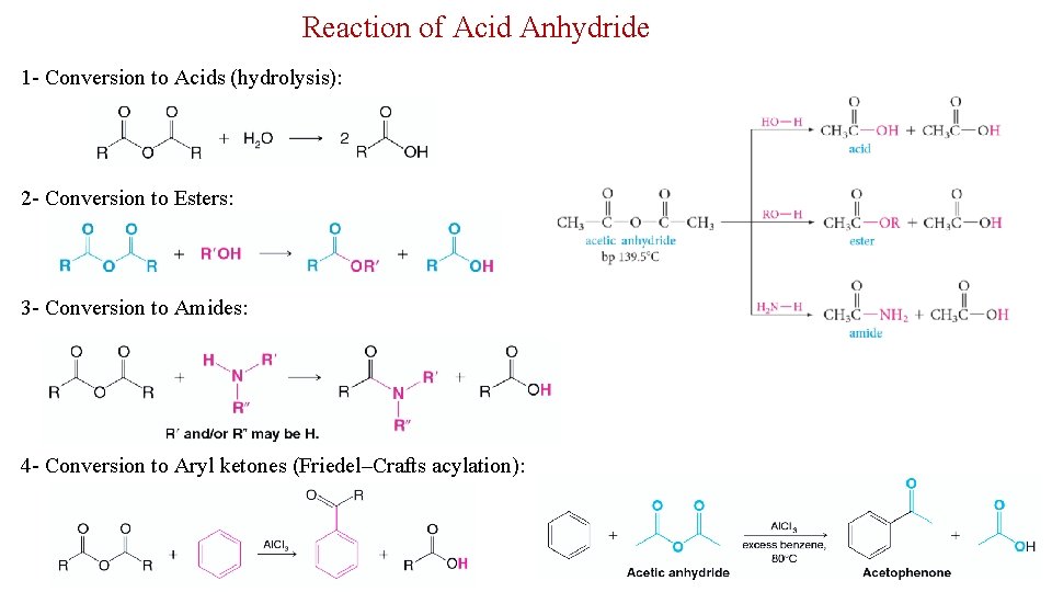 Reaction of Acid Anhydride 1 - Conversion to Acids (hydrolysis): 2 - Conversion to