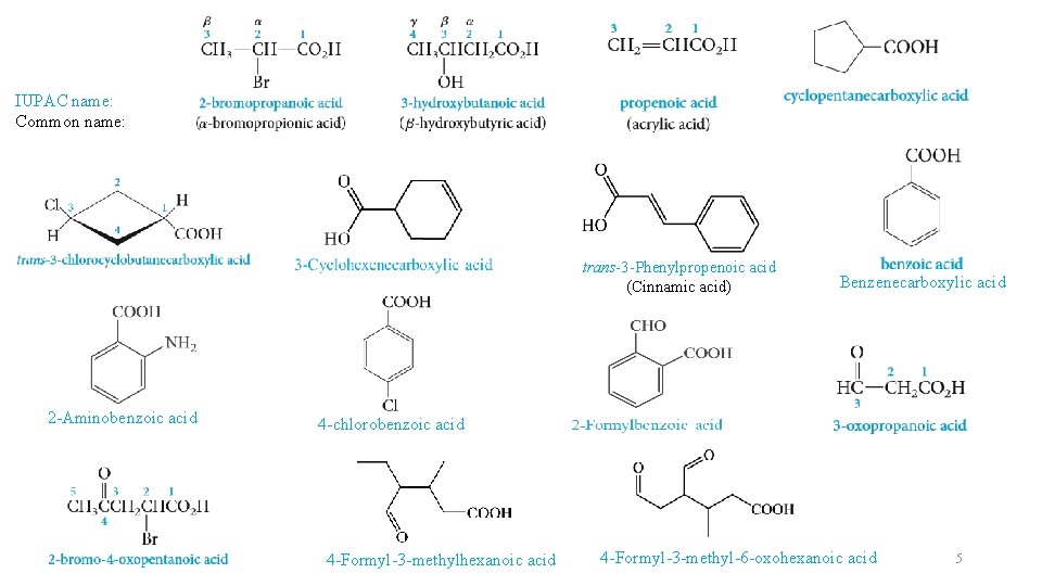 IUPAC name: Common name: trans-3 -Phenylpropenoic acid (Cinnamic acid) 2 -Aminobenzoic acid Benzenecarboxylic acid