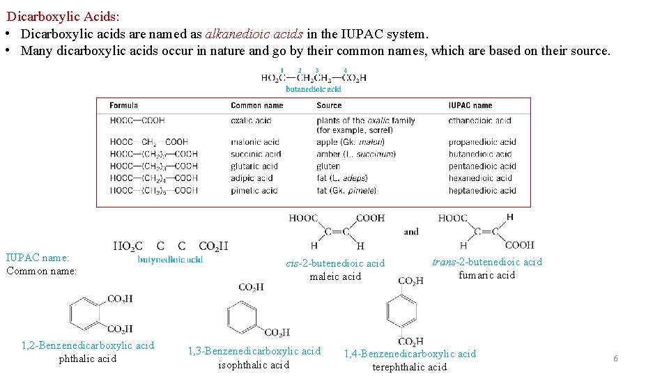 Dicarboxylic Acids: • Dicarboxylic acids are named as alkanedioic acids in the IUPAC system.