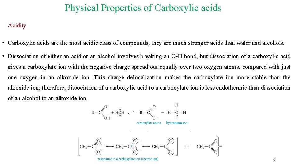 Physical Properties of Carboxylic acids Acidity • Carboxylic acids are the most acidic class