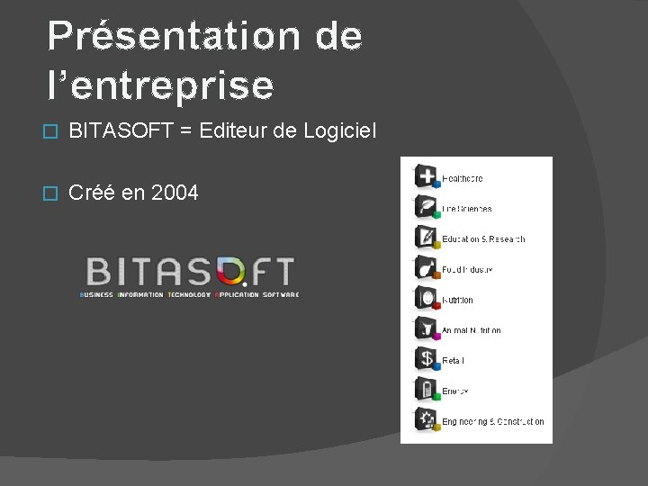 Présentation de l’entreprise � BITASOFT = Editeur de Logiciel � Créé en 2004 