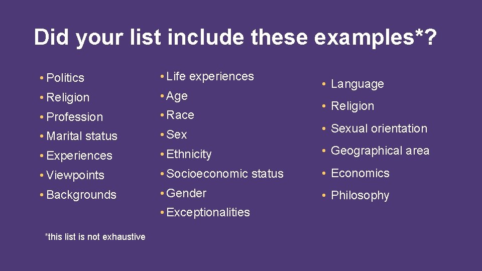 Did your list include these examples*? • Politics • Life experiences • Religion •