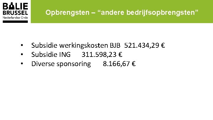 Opbrengsten – “andere bedrijfsopbrengsten” • • • Subsidie werkingskosten BJB 521. 434, 29 €