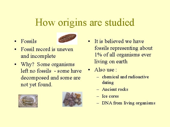 How origins are studied • Fossils • Fossil record is uneven and incomplete •